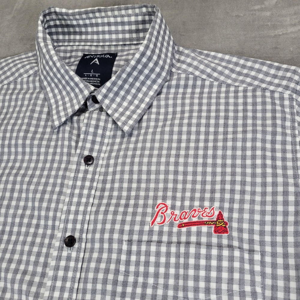 Antigua Mens Atlanta Braves MLB Gingham Button Down Shirt Grey White‎ Large L - Picture 2 of 6